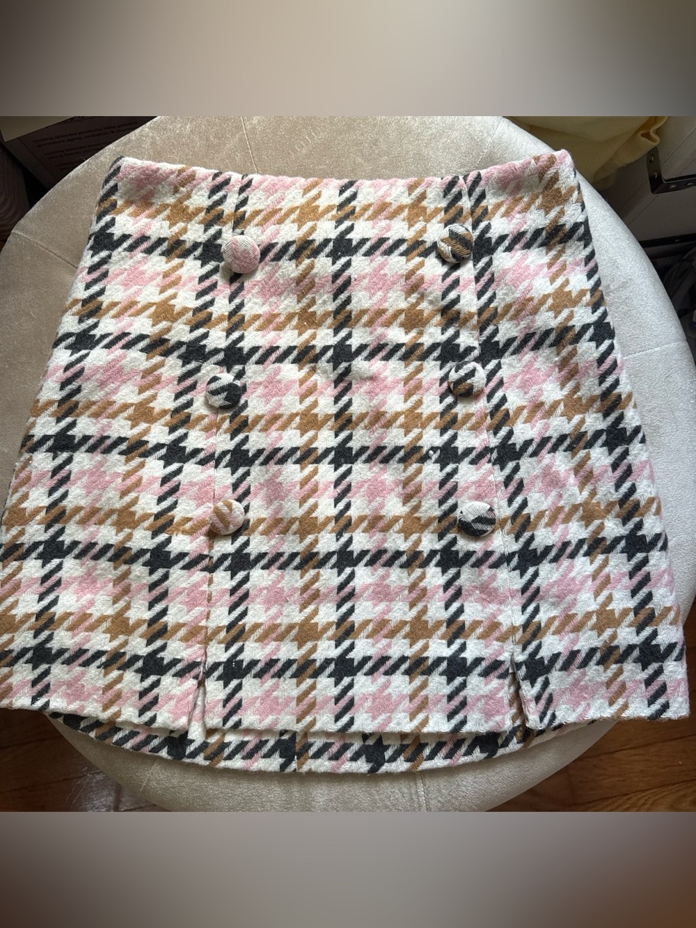 Forever 21 Pink, Tan & Black Plaid Tweed Button Skirt